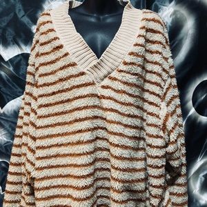 Free People Cream and Brown V-Neck Sweater